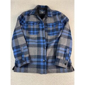 LL Bean Signature Jacket Mens XL Tall Blue Gray Plaid Wool Sherpa Lined Shacket